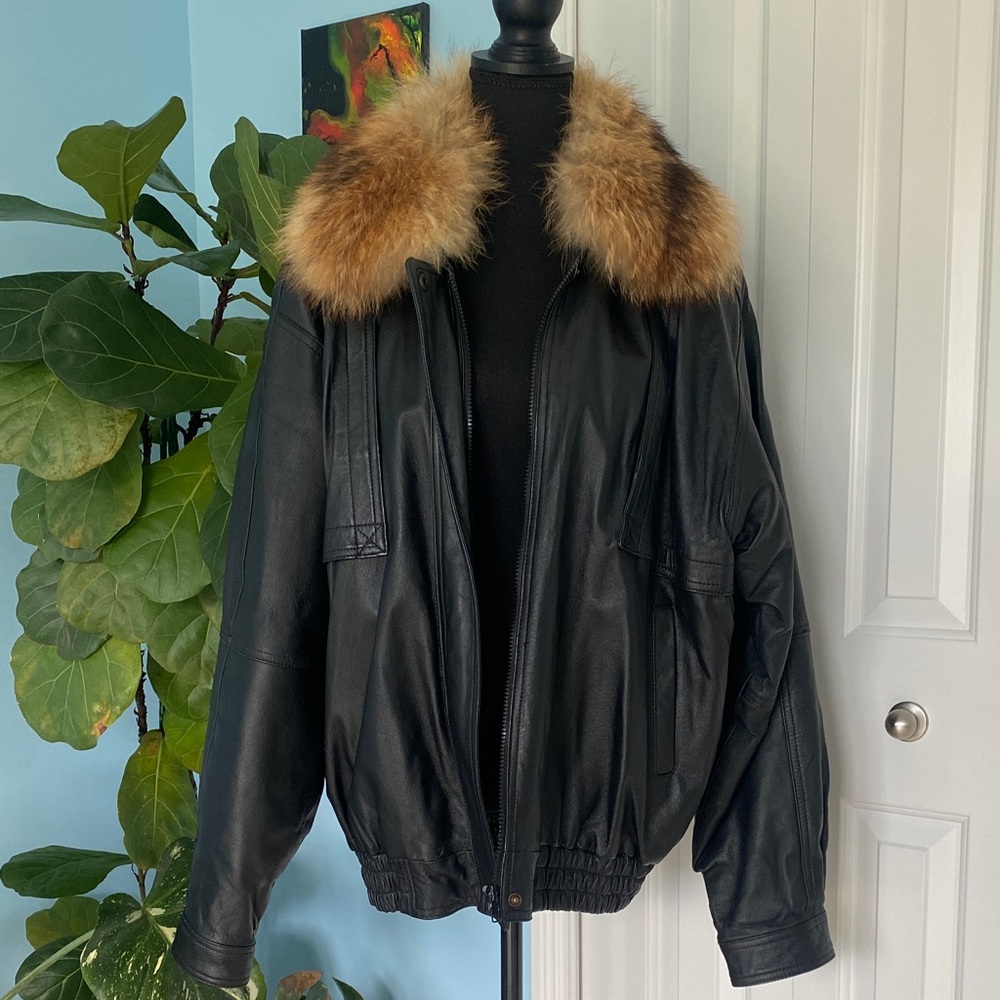 Vintage Wilda Black Genuine Leather Bomber Jacket with Genuine Rabbit Fur Collar